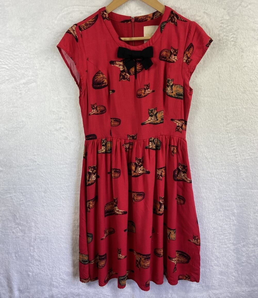 Mod Cloth Dress Cat Print Women’s Retro Fit N Flare Sz M Protest Feminist